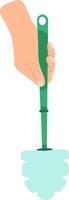 Hand gripping a green plastic handle of a toilet brush, preparing for effective bathroom cleaning and ensuring optimal hygiene maintenance in the washroom environment vector