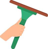 Hand gripping a green squeegee featuring a brown rubber blade, poised for effective window cleaning and various tasks requiring thorough surface wiping and maintenance vector