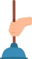 Hand gripping a sturdy wooden handled plunger, poised for tackling clogged drains and addressing various plumbing challenges in bathrooms and kitchens vector