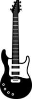 Black and white silhouette of an electric guitar featuring clearly defined strings, tuning pegs, and body contours, ideal for music related designs vector