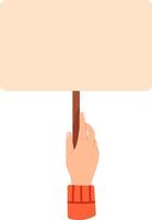 Hand gripping a wooden handle of a blank placard, poised for a personalized message, perfect for protests, rallies, and public announcements, conveying powerful statements vector