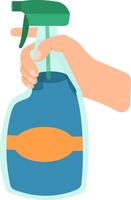 Hand holding a blue spray bottle featuring an orange label and a green trigger, indicating activities related to cleaning and disinfecting various surfaces for hygiene and sanitation vector