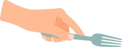 Right hand holding a light blue fork, ready to eat, side view isolated on white background, suitable for restaurant, diet or healthy food concepts vector