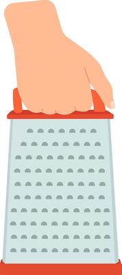 Close up of a chef's hand firmly gripping a stainless steel grater with orange plastic handle and base, ready to grate cheese or other ingredients