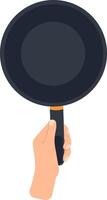 Hand holding an empty frying pan, poised for cooking, set against a clean white background. Perfect kitchen utensil for culinary creations and meal preparations vector