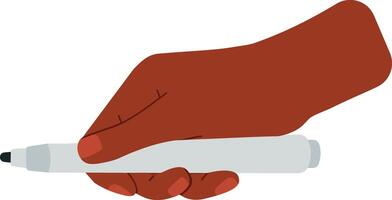Dark skinned hand gripping a whiteboard marker, ready to write or draw, embodying creativity, communication, and education in various settings like classrooms and offices vector