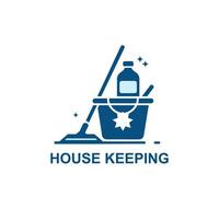 House Keeping Service Logo with Mop, Bucket, and Cleaning Products in Blue and White vector