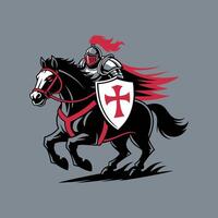 Valiant Medieval Knight in Armor with Red Plume and Shield Riding a Galloping Black Horse vector