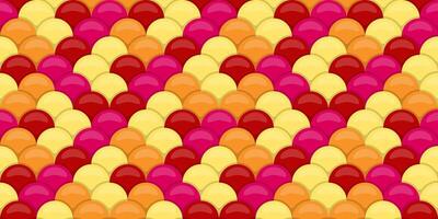 Vibrant, seamless pattern of overlapping, glossy scales in warm colors. Perfect for backgrounds, textiles, or playful designs. Evokes a sense of energy, joy, and summer. vector