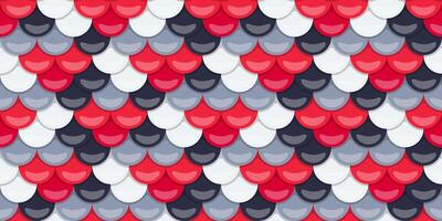 Abstract seamless pattern of overlapping scales in red, white, and gray. Perfect for backgrounds, textures, or decorative elements in design projects. Evokes a sense of elegance and subtle movement. vector
