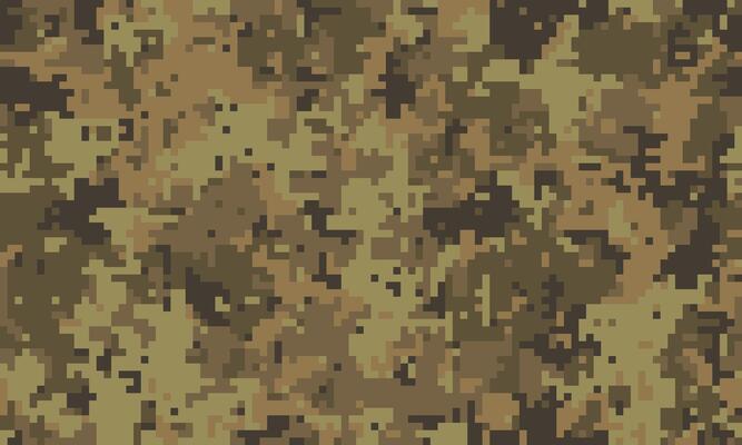Abstract digital camouflage pattern in earthy tones. Perfect for backgrounds, textures, or militarythemed designs. This pixelated design offers a modern, versatile aesthetic for various projects.