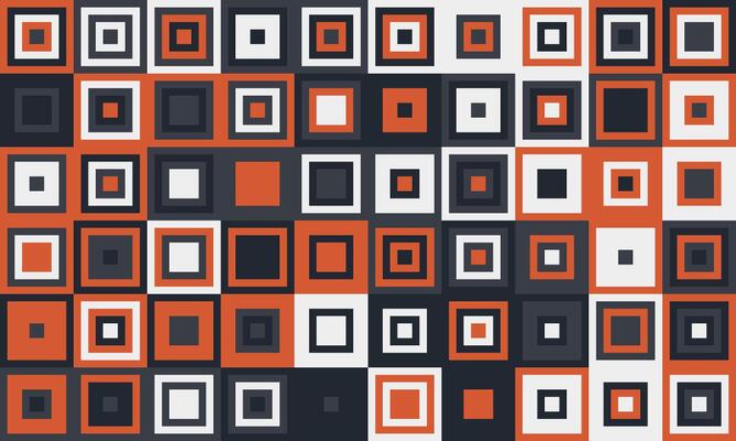 Abstract geometric pattern featuring a vibrant array of squares in orange, black, white, and gray.