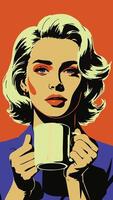 Stylized portrait of a woman with blonde hair holding a mug vector
