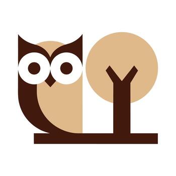 Stylized Owl Perched on Branch Beside Abstract Tree vector