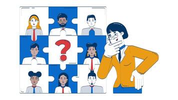 Finding missing piece in HR puzzle problem doodle animation. Female manager pondering over recruitment challenge animated 2D flat cartoon concept, white background. 4K motion graphic video
