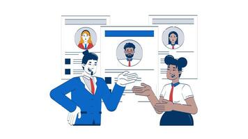 HR managers discussing resumes doodle animation. Corporate careers. Hiring conversation with CVs candidate profiles animated 2D flat cartoon concept, white background. 4K motion graphic video