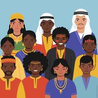 Diverse Group of People in Traditional Attire, Smiling Together, United. vector