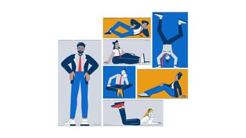 Diverse team doodle animation. Corporate culture. Workplace teamwork. Multicultural office workers in relaxed poses animated 2D flat cartoon concept, white background. 4K motion graphic video