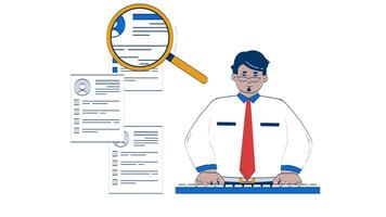 HR manager screening resumes with magnifying glass doodle animation. Candidate search. Employee select loupe recruiter animated 2D flat cartoon concept, white background. 4K motion graphic video