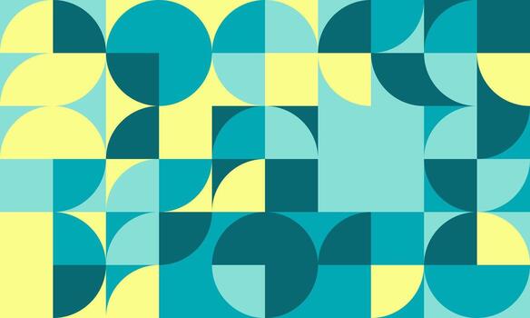 Abstract geometric pattern featuring teal and yellow circles and squares. Modern, minimalist design ideal for backgrounds, websites, branding, and presentations. vector