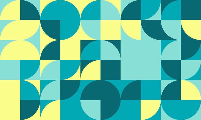 Abstract geometric pattern featuring teal and yellow circles and squares. Modern, minimalist design ideal for backgrounds, websites, branding, and presentations.