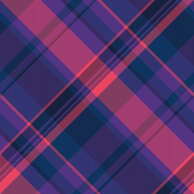 Vibrant diagonal plaid pattern in shades of deep purple, coral pink, and navy blue. Perfect for textile design, fashion, website backgrounds, or any project needing a bold geometric texture.