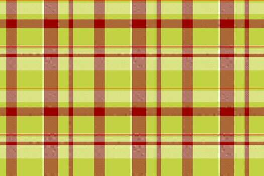 Retro texture pattern seamless, fit fabric textile tartan. 1960s check plaid background in lime and red colors. vector