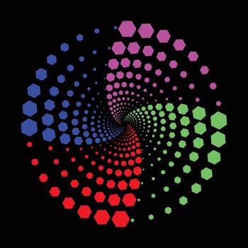 un dinámica, hipnótico espiral vórtice obra de arte hecho desde degradado cuadrado puntos en vívido fascinante remolino modelo vector