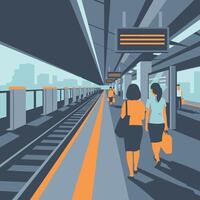 Commuters Awaiting Train Arrival at Modern City Subway Station Platform vector