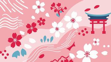 Pink Japanese Floral Design with Cherry Blossoms and Torii Gate. vector