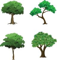Cartoon Tree Set with 4 Stylized Green Leafy Trees for Animation Backgrounds, Village or Jungle Game Assets, Nature Explainers, Storybook Scenes, or Educational Landscape Illustrations vector