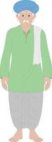 Cartoon Character of Traditional Elderly Indian Villager Front View Wearing Dhoti, Turban, and Kurta. An old man in a green shirt ,dhoti and turban vector