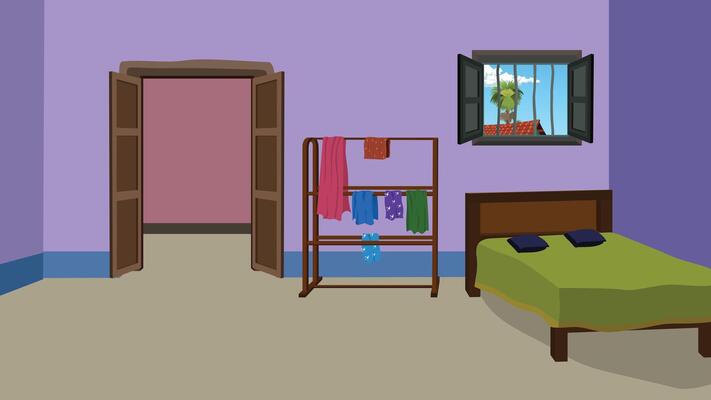 Rural House Interior with Bed, Clothes Stand, Open Door, Window, Outdoor View . Animation Background for 2D Cartoon, Game, and Educational Projects