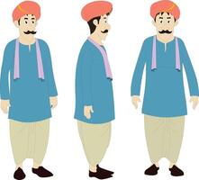Indian Cartoon Character with Front, Angle, and Side View. Traditional Desi Man character sheet in Turban and Dhoti for Animation Rigging, Explainer Videos, and 2D Game or Cartoon Projects vector