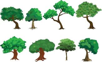 Cartoon Green Tree Set with 8 Leafy Tree Designs for Animation Backgrounds, Jungle or Village Game Assets, Nature Explainer Videos, Forest Landscaping, and Educational Illustration Projects vector