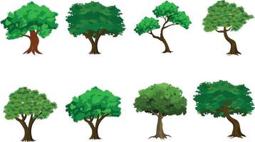Cartoon Tree Set with 8 Leafy Green Trees for Animation Backgrounds, Jungle or Village Game Scenes, Nature Explainer Videos, Flat Forest Illustration, or Educational Landscape Design vector