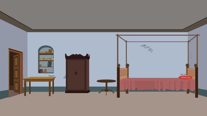 Indian Village Bedroom Cartoon. Rural House Interior with Bed, Wardrobe, Window, Open Door, Hanger, Matka Pot. Animation Background for 2D Cartoon, Game, and Educational Projects