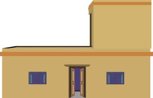 Illustration of a yellow rural house with two grilled windows, open wooden door, and rooftop structure. front view for architecture, housing, or real estate design projects vector