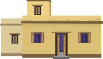Illustration of traditional yellow rural house with brown windows and open door.village home exterior front elevation for real estate, architecture, and housing design projects vector