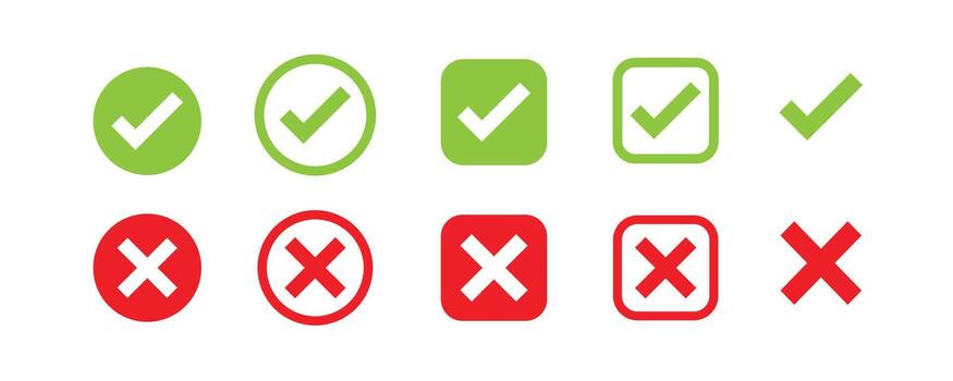 Checkmark and Crossmark A collection of checkmarks and crossmarks, presented in different shapes and styles vector
