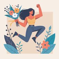 Woman jumping with flowers in hand vector