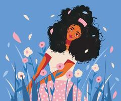 Woman with curly hair in a flower field vector