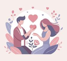 Couple exchanging hearts and flowers vector