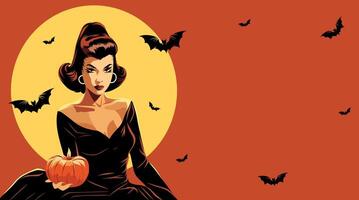 Woman with pumpkin and bats vector