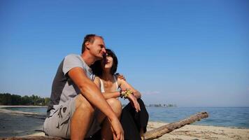 Happy pair hugs during sittin on wooden log on beach. Romantic couple admiring sea landscape at sunny day. Lovers spending time together at resort. Concept of summer vacation or holiday. Slow mo video
