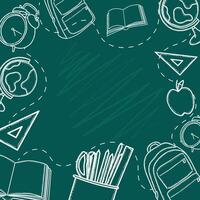 Educational themed chalkboard image featuring sketched school supplies like books and globes. Ideal for back to school themes, educational and creative projects highlighting learning and school vector