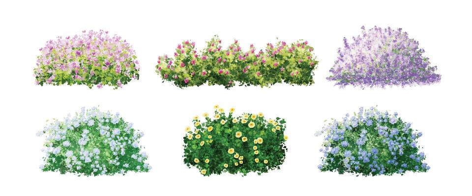Set of flower bushes watercolor illustration on white background