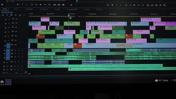 Detailed project timeline with multiple layers and audio tracks, Editing window showing complex media sequence and synchronized sound design video