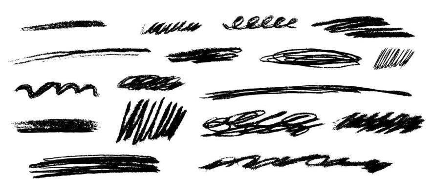 Crayon stroke lines in hand drwn style with pencil brush texture in black color. Sketch with scribble underlines
