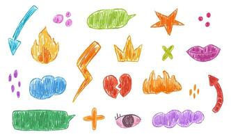 Rock punk set of tattoo with fire, heart and thunder drawn with crayon pencil texture effect vector